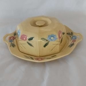 Antique Zell Majolica LDBC Cake Platter & Lid Basketweave Floral Painted